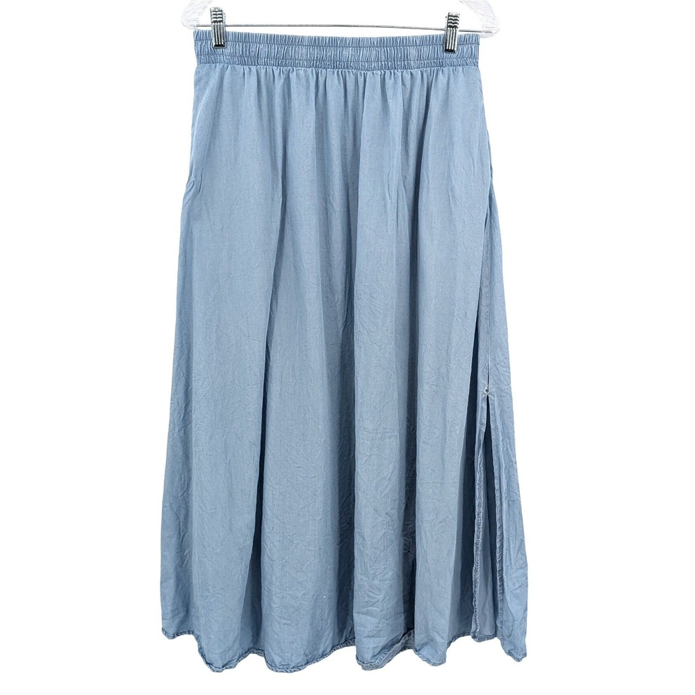 Moon River Maxi Skirt L Blue 100% Lyocell Side Slit Pockets Elastic Waist Flowy